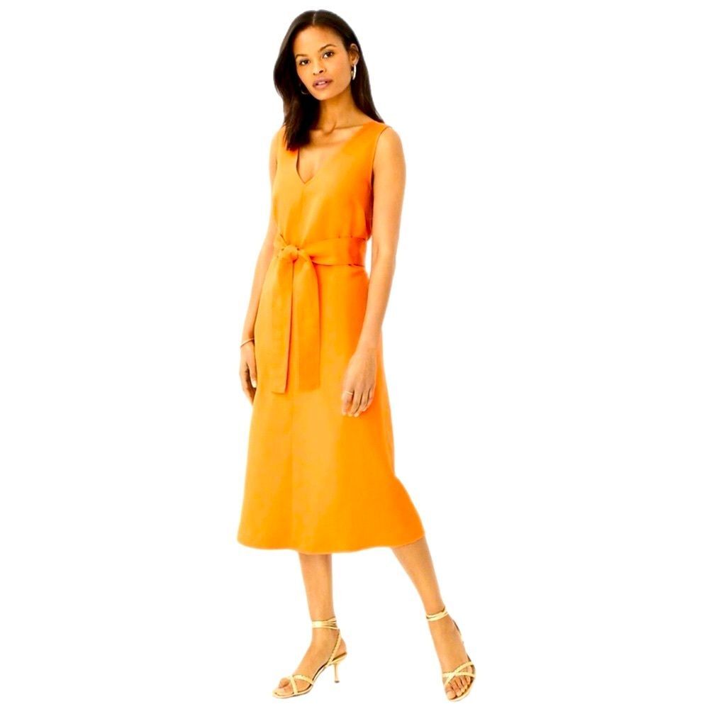 Ann Taylor Orange Linen Blend Sleeveless Midi Dress with Waist Tie